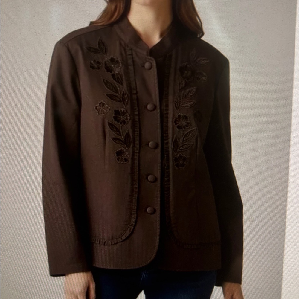 Talbots Brown Cotton Stretch Blazer Jacket with Applique Flowers Size 14